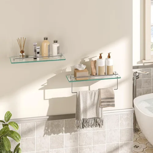 Miniatura 5 de HOOBRO Estantes de vidrio para baño, estante de vidrio flotante de 15.7 pulgadas para pared, juego de 2 soportes montados en la pared de acero