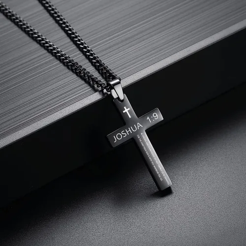 Miniatura 5 de REVEMCN Collar inspirador de cruz con versículo bíblico para hombres y niños, collar con colgante de cruz de plata negra lisa de acero inoxidable