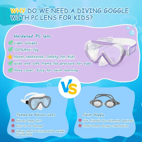 Miniatura 4 de Máscara de natación para niños, gafas de natación para niños de 180° antivaho, a prueba de fugas, con cubierta de nariz y correa de tela para edades