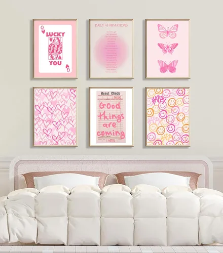 Miniatura 5 de QMV 6 piezas de arte de pared rosa preppy de póquer Halo Digital Room Póster estético mariposa sonriente y2k retro moda estilo universitario
