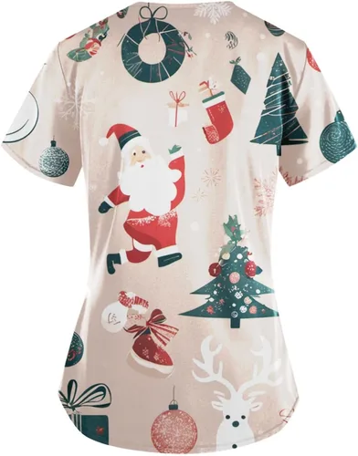 Miniatura 2 de Christmas Scrub Tops Women Plus Size Printed Santa Tree Snowman Pattern V Neck T Shirts Work Scrubs with Pockets