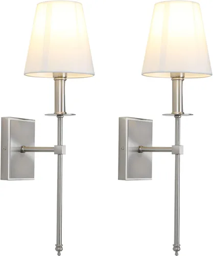 Miniatura 12 de PERMO - Juego de 2 lámparas de pared industriales rústicas clásicas con pantalla de tela blanca acampanada y soporte de columna cónico negro