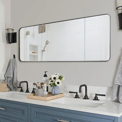Miniatura 35 de ANDY STAR Espejo cromado para baño, espejo de pared con marco de metal de 22 x 30 pulgadas, espejo rectangular de acero inoxidable con esquina