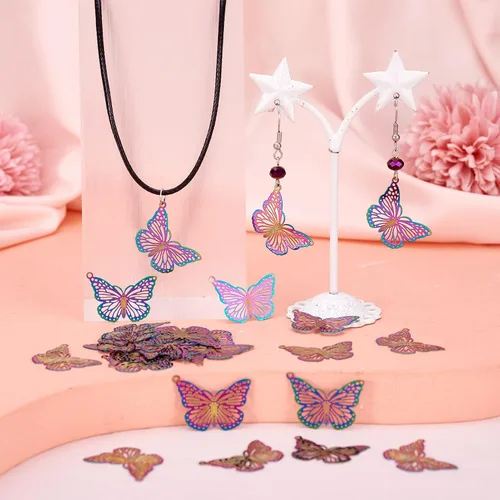 Miniatura 2 de FASHEWELRY 50 piezas de conectores de filigrana de mariposa de acero inoxidable, adornos de metal grabados con arco iris para fabricación de joyas