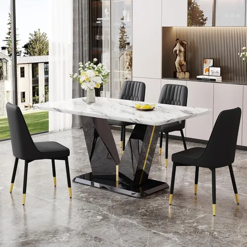 Juego de mesa de comedor de 5 piezas, juego de mesa de comedor moderno de mármol de 63 pulgadas para 4, juego de mesa de cocina blanca para 4, juego