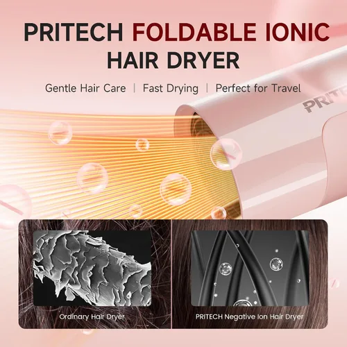 Miniatura 5 de PRITECH - Secador de pelo de viaje de doble voltaje de 1250 W con difusor, plegable Pink Blow Dryer with Concentrator,110V/220V Worldwide Use,Mini