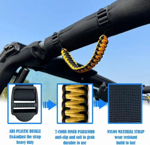Miniatura 4 de Asas de agarre de barra enrollable para Jeep, asa de agarre para Jeep Wrangler YJ TJ JK JKU JL JLU, paracord/113 kg de carga, negro y amarillo