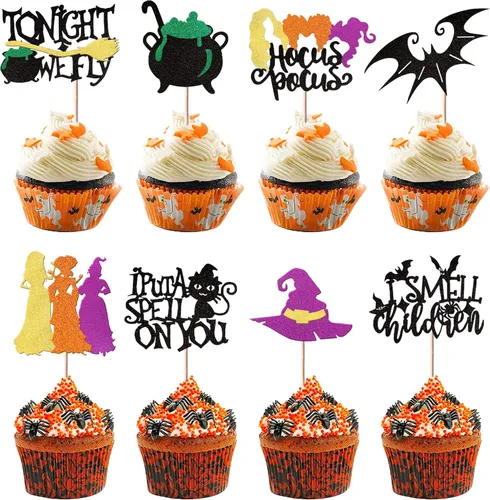 Miniatura 12 de Rsstarxi Paquete de 36 adornos para cupcakes de Halloween, murciélagos con purpurina, palitos de calabaza y calabazas, sombrero de bruja