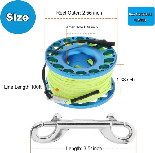 Miniatura 6 de Carrete de dedo de 98 pies para buceo, carrete ligero de aluminio con clip de perno de doble extremo para esnórquel
