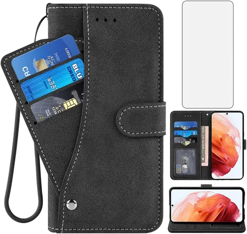 Asuwish Compatible con Samsung Galaxy S22 5G - Funda tipo cartera y protector de pantalla de vidrio templado, soporte para tarjetas de crédito,