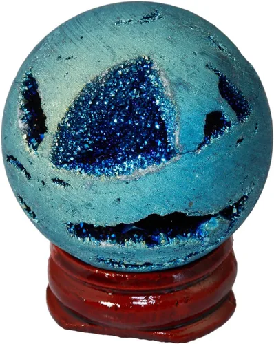 Miniatura 6 de Nupuyai Esfera de ágata de geoda druzy revestida de titanio con soporte de madera, bola de cuarzo de cristal de energía curativa para decoración