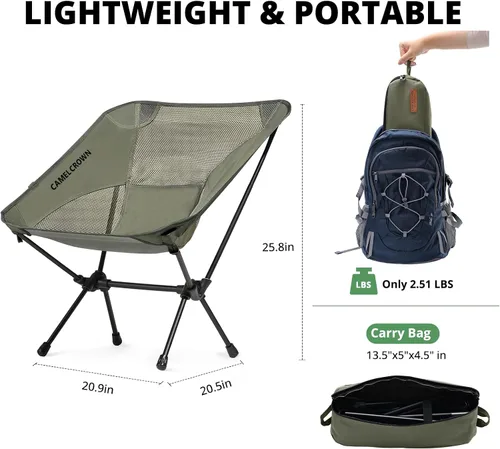 Miniatura 2 de CAMEL CROWN Silla de camping resistente para mochileros, silla plegable ultraligera con bolsa de transporte, portátil compacta para exteriores
