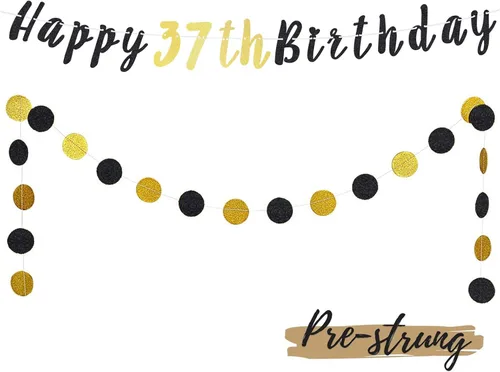 Miniatura 57 de Juego de decoración de cumpleaños número 100 – Cartel de feliz cumpleaños número 100 con puntos circulares de purpurina negra y dorada que saluda a