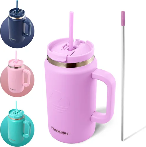 Miniatura 24 de FAHRMOSIS Vaso de 40 onzas con asa y pajita, taza aislada que cabe en el portavasos para bebidas frías y calientes, vaso a prueba de fugas