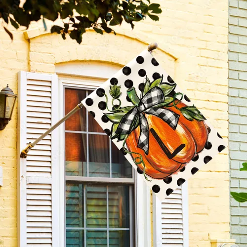 Miniatura 2 de AVOIN colorlife Bandera de casa con monograma de otoño con letra L, diseño de lunares, calabaza, 28 x 40 pulgadas, doble cara exterior, pequeña