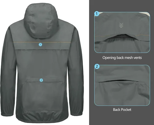 Miniatura 5 de Little Donkey Andy Chaqueta de lluvia elástica para hombre con capucha, resistente al viento y al agua, plegable