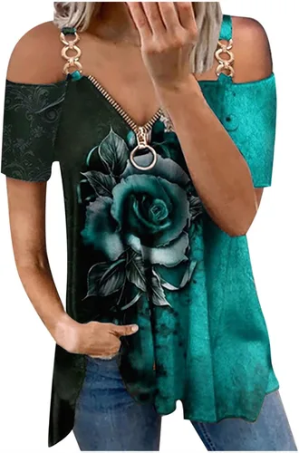 Women's Plus Size Tops Sexy Casual Strap Cold Shoulder Shirts Loose Fit Zipper V Neck Tunics Blouse