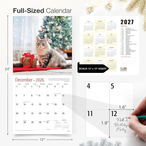 Miniatura 5 de RED EMBER Calendario de pared de gatos 2026 de 12 meses 12 x 24 pulgadas abierto Papel grueso y resistente Regalo de vacaciones Lindo