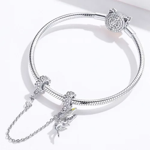 Miniatura 2 de Abalorio de cadena de seguridad de corazón de plata de ley 925 para pulseras y collares europeos