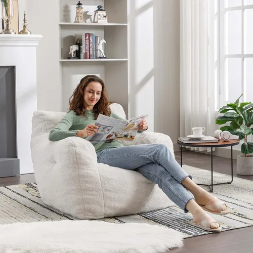 Antetek Puf para adultos y niños, moderna silla decorativa de tela de peluche ultra suave para sala de estar, dormitorio, apartamento, marfil