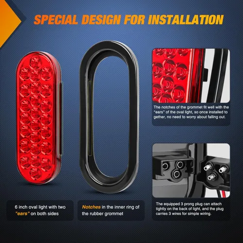 Miniatura 4 de Nilight Luz trasera ovalada de 6 pulgadas, 4 unidades, color rojo, 24 luces LED de parada de freno y giro con ojales de montaje empotrado, 4 luces