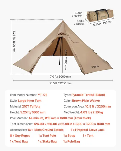 Miniatura 7 de VEVOR Tienda Caliente, Tiendas de Campaña Tipi Calientes con Toma para Estufa, Tiendas de Campaña Portátiles de Invierno con Faldón para Nieve