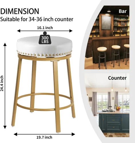 Miniatura 3 de White & Gold - Juego de 2 taburetes de bar giratorios de 24 pulgadas de altura de mostrador para encimera de cocina, isla sin espalda, modernos