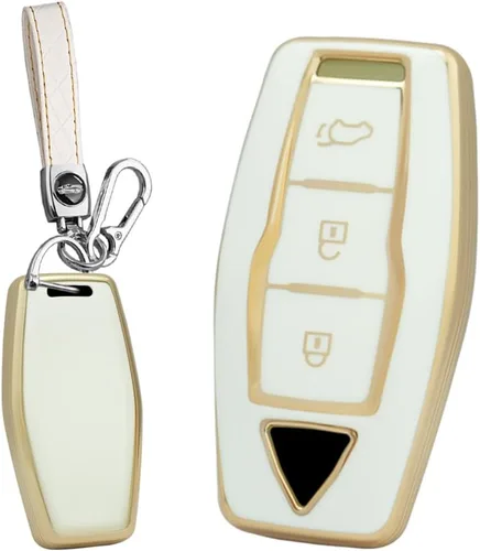 SANRILY Golden-Edge - Funda para llavero de 3 botones 2023 para Mitsubishi Outlander 2022 2021 sin llave con llavero de cuero, color beige