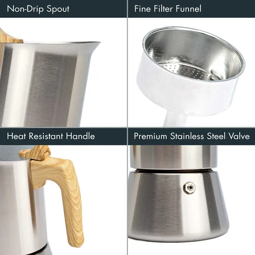 Miniatura 3 de Primula Cafetera y cafetera de acero inoxidable de alta calidad, olla moka para café clásico italiano, 6 tazas, mango de aspecto de madera