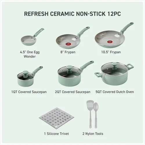 Miniatura 2 de T-Fal Refresh - Juego de utensilios de cocina antiadherentes de cerámica, apto para horno hasta 350ºF, 12 piezas, incluye olla, plancha, sartenes