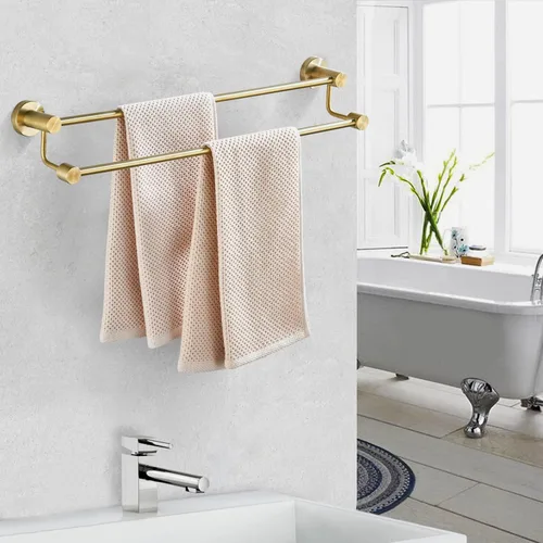 Miniatura 5 de BATHSIR Toallero de baño doble de oro cepillado ajustable, 14.56 a 27.55 pulgadas, toallero de montaje en pared para baño, colgador de toallas