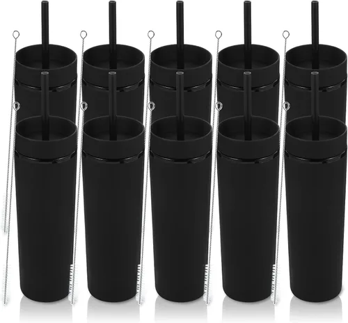 Miniatura 12 de Volhoply Vaso delgado de plástico de 16 onzas con tapa y pajita, paquete de 4 unidades, vasos aislados de doble pared de acrílico mate, sin BPA