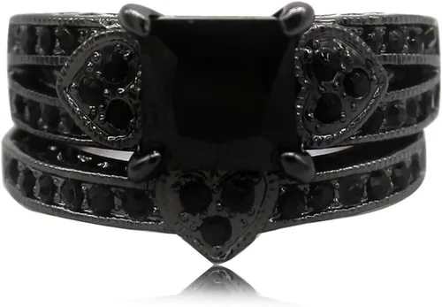 Miniatura 4 de Juego de anillos nupciales de compromiso de boda en forma de corazón de corte princesa rodio negro