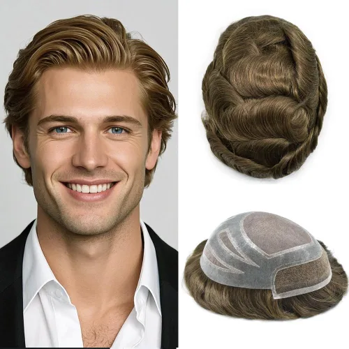 Miniatura 24 de Sistema de cabello frontal de encaje francés para hombres, tupé duradero para hombre, línea capilar natural, fino mono tupé para hombres, protesis