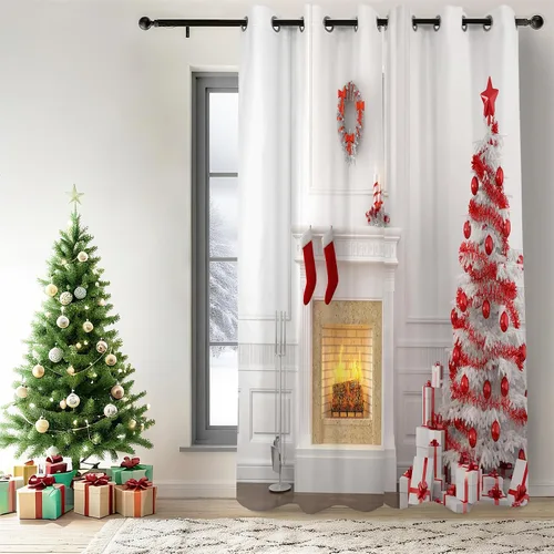 Miniatura 19 de Renaiss Cortinas opacas de Navidad con tablones de madera rústica para dormitorio, con ojales, estampado de copos de nieve navideños, cortinas