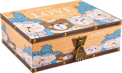 Miniatura 12 de Cofre del tesoro de madera y cuero con tapa y cerradura, 10.6 x 8.3 x 3.7 pulgadas, pequeña caja decorativa de madera para guardar joyas
