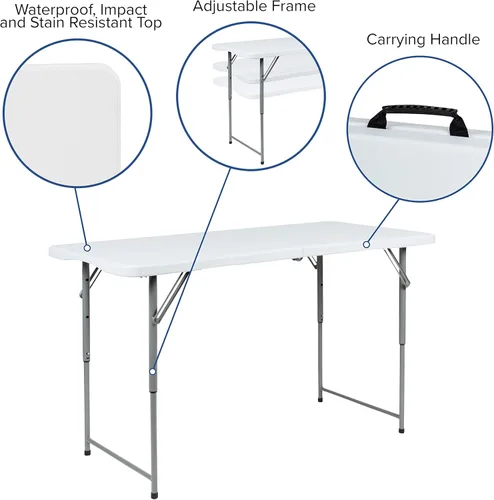 Miniatura 4 de Flash Furniture Mesa plegable de plástico blanco de granito biplegable ajustable de altura de 4 pies