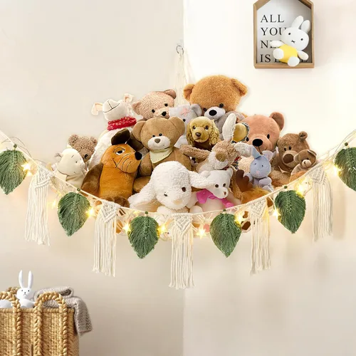 Miniatura 2 de Dremisland Hamaca de red de juguetes de peluche con luz de estrella, hoja bohemia de macramé, borla de macramé, organizador de juguetes