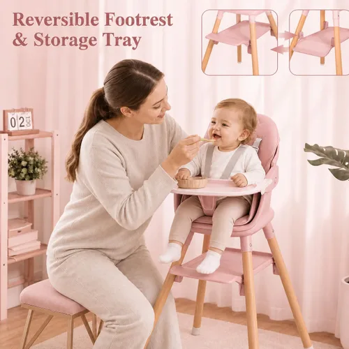 Miniatura 6 de Silla alta para bebé, sillas altas convertibles de madera 6 en 1 para niños pequeños, asiento elevador con doble bandeja y reposapiés reversible