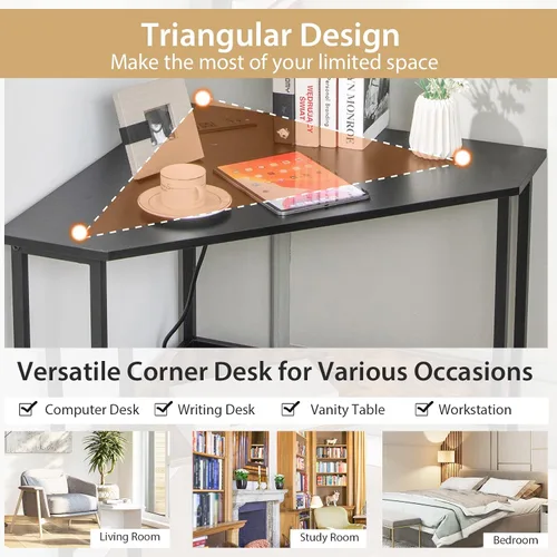 Miniatura 9 de Tangkula Escritorio esquinero con toma de corriente y puertos USB, escritorio triangular para computadora con estación de carga, estante de Negro