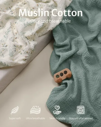 Miniatura 2 de Blissful Diary Sábanas de moisés de muselina para bebés niñas y niños, algodón suave bohemio ajustadas para colchón oval, reloj de arena, Verde