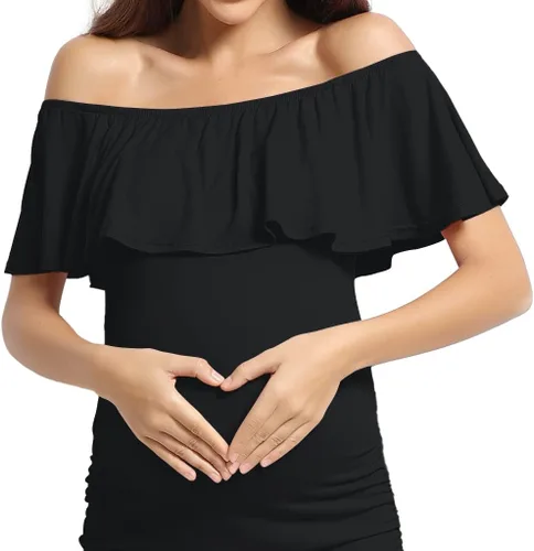 Miniatura 5 de KIM S Vestido de maternidad sin mangas con volantes y hombros descubiertos (S-XXL), vestido ajustado para sesión de fotos de baby shower