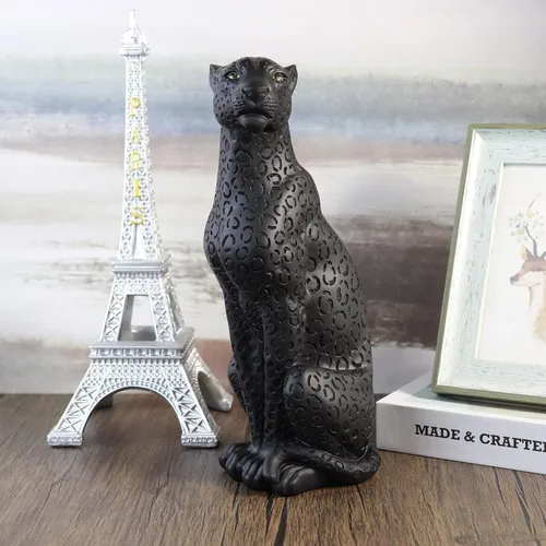 Miniatura 7 de Estatua de guepardo Pantera Negra Estatua de leopardo negro de 11 pulgadas de alto, resina moderna, escultura de animales, decoración de mesa