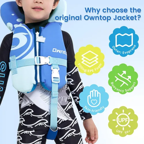 Miniatura 5 de Owntop Chaleco de natación para niños pequeños, chaqueta flotante, ayuda de natación para niños de 20-30-40-50 libras con correas de seguridad Azul
