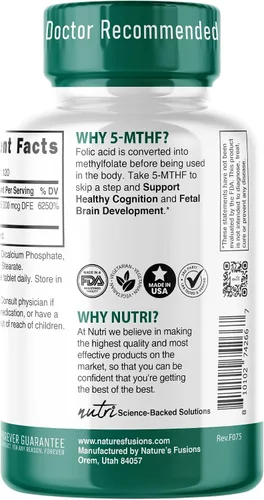 Miniatura 3 de Nutri 5-MTHF L Metilfolato 15MG - Suministro para 4 meses, 120 tabletas veganas - Suplemento de folato metilado - Función cognitiva, salud cardíaca