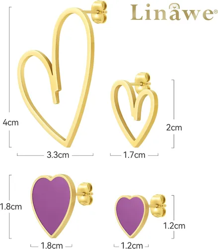 Miniatura 5 de Linawe 4 Pcs Heart Stud Mismatched Earrings Set for Women Girls, Hypoallergenic Stainless Steel GoldSilverRose Gold Cartilage Tragus Piercing