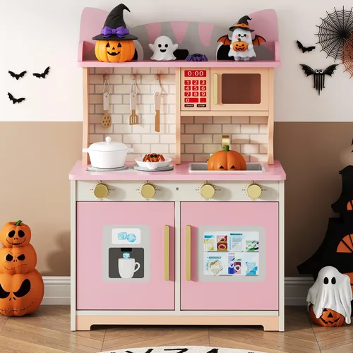 Miniatura 8 de knoworld Cocina de madera de juguete para niños de 3 a 8 años, juego de cocina con diseño de gato con microondas, estufa, fregadero, perillas