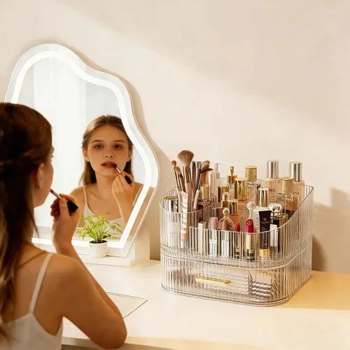Miniatura 5 de Organizador de maquillaje con soporte para brochas giratorio de 360° y cajones apilables, estuche de exhibición de cosméticos para tocador, encimera