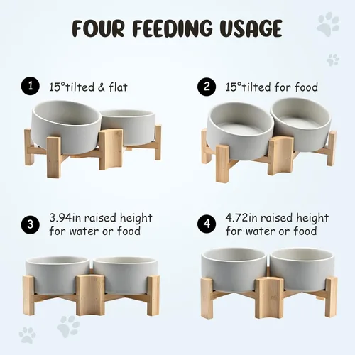 Miniatura 3 de SPUNKYJUNKY Cuenco de cerámica inclinado de 15° para perros y gatos con soporte de madera, cuenco inclinado para comida y agua para bulldog Gris