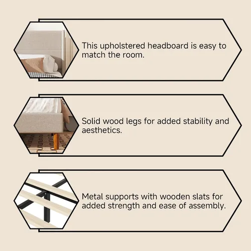 Miniatura 5 de Base de cama de tamaño matrimonial, plataforma tapizada de lino con cabecera con respaldo de ala, soporte de listones de madera, no necesita somier